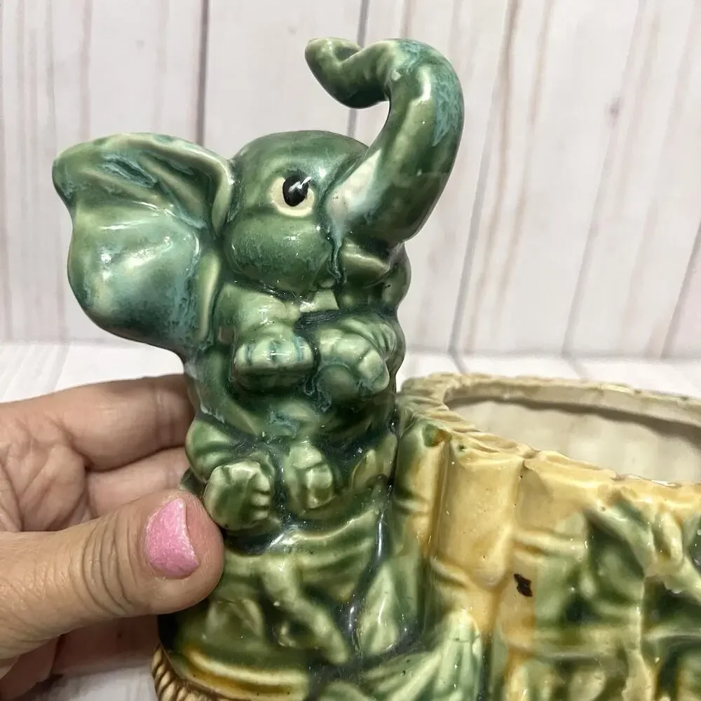 Vintage Ceramic Elephant Planter Green Glaze Bamboo Jungle MCM Kitsch 6”